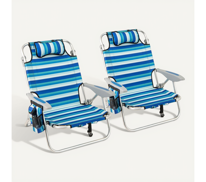 Chaise Longue Pliante, Chaise De Plage En 4 Positions, Appui-tête, Sac Isotherme, Poches (2)