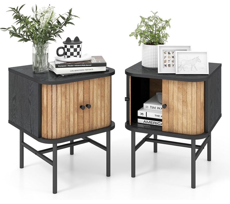 Table De Chevet Lot De 2, Bout De Canapé Avec Portes Coulissantes, Pieds En Métal,poignée Ronde