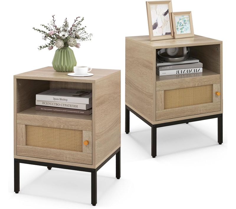 Table De Chevet Rotin Lot De 2, Table De Nuit Cannage, Pieds En Bois Massif, Compartiment Ouvert(2)
