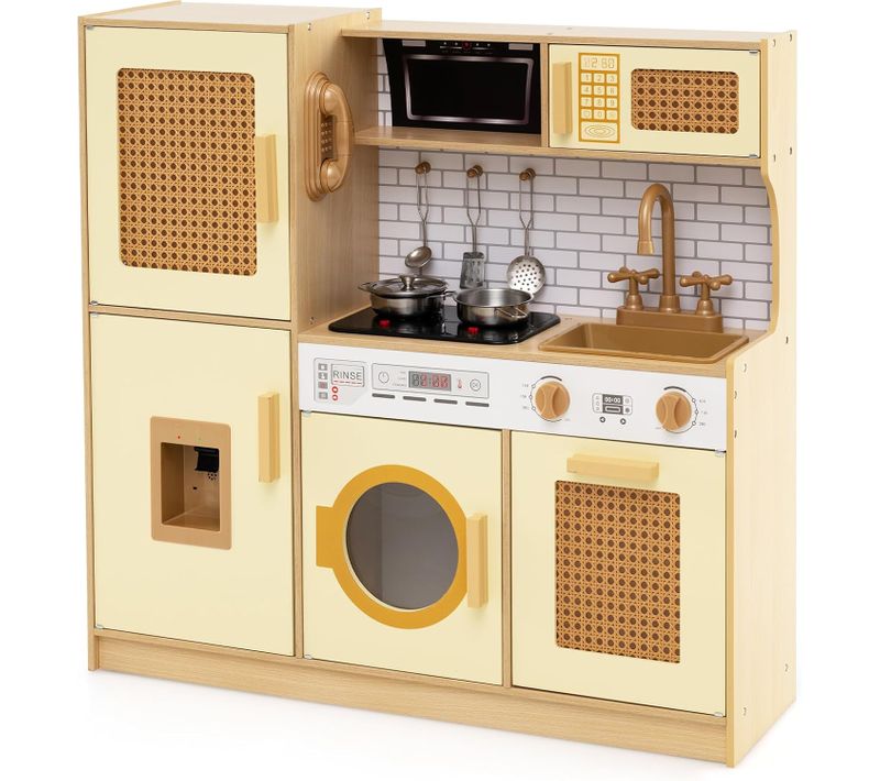 Cuisine Enfant 84x25x80cm Avec Lumière Et Sons, Distributeur D'eau, Machine à Laver,jaune