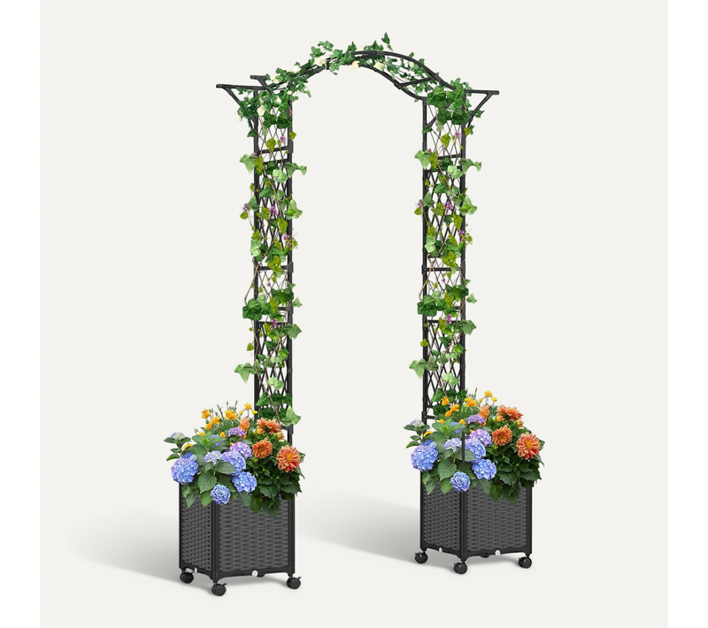 Arche De Jardin 208 Cm Avec 2 Bacs Jardinière Et Treillis, Pergola Extérieur En Métal (gris)
