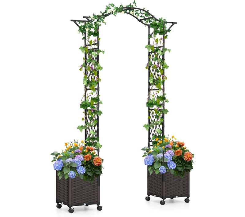 Arche De Jardin 208 Cm Avec 2 Bacs Jardinière Et Treillis, Pergola Extérieur En Métal (noir)