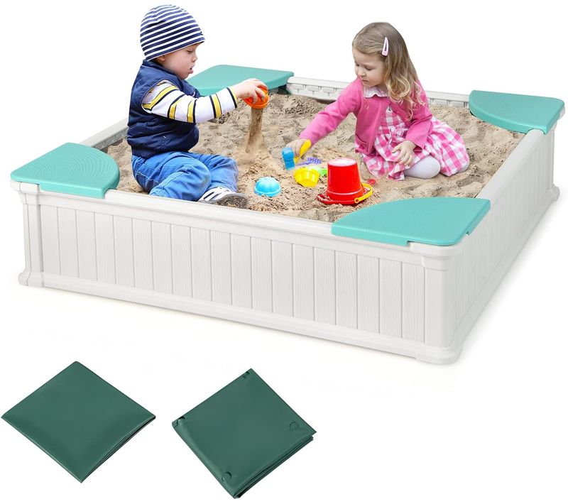 Bac à Sable Hdpe 4 Sièges Couvercle Oxford Charge 50kg/siège, 123 X 123 Cm ,3 Ans+,blanc