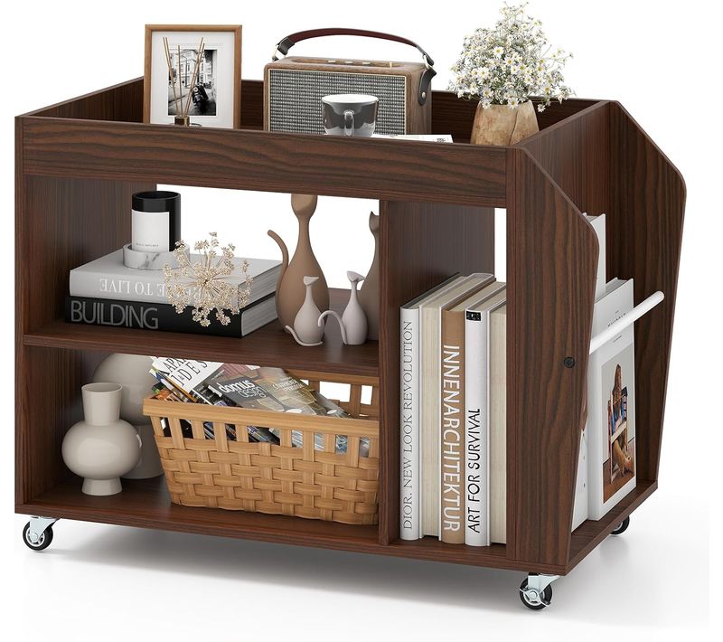 Bibliotheque Basse 3 Niveaux, Etagere Basse Avec Roulettes, Porte-revue Latérale, Table D’appoint