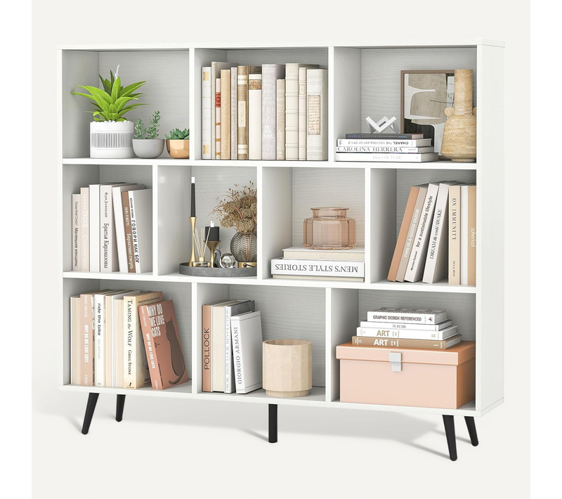 Bibliothèque Étagère à 10 Cubes,120 Cm Étagère De Rangement Scandinave Avec 5 Pieds Métallique,blanc