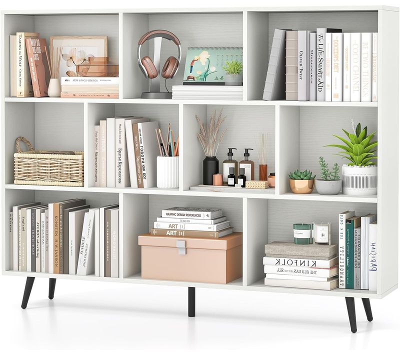 Bibliothèque Étagère à 10 Cubes,140 Cm Étagère De Rangement Scandinave Avec 5 Pieds Métallique,blanc