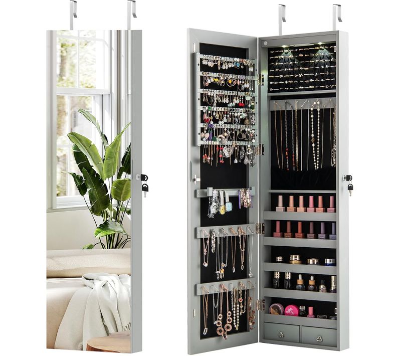 Armoire à Bijoux Mural Avec Miroir Et Lumière LED Armoire De Rangement Accrochée à La Porte (gris)