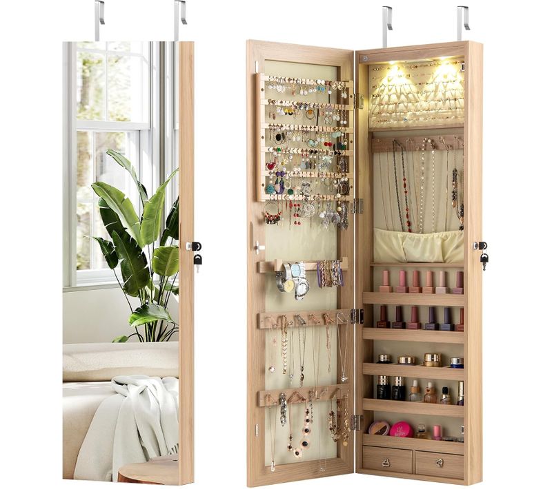 Armoire à Bijoux Mural Avec Miroir Et Lumière LED Armoire De Rangement Accrochée à La Porte, Naturel