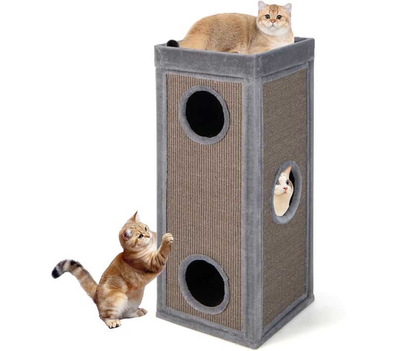 Maison Pour Chat à 4 Étages, Tonneau Griffoir Chat, 3 Condos, 2 Planches à Griffer, 40 × 40 × 99 Cm