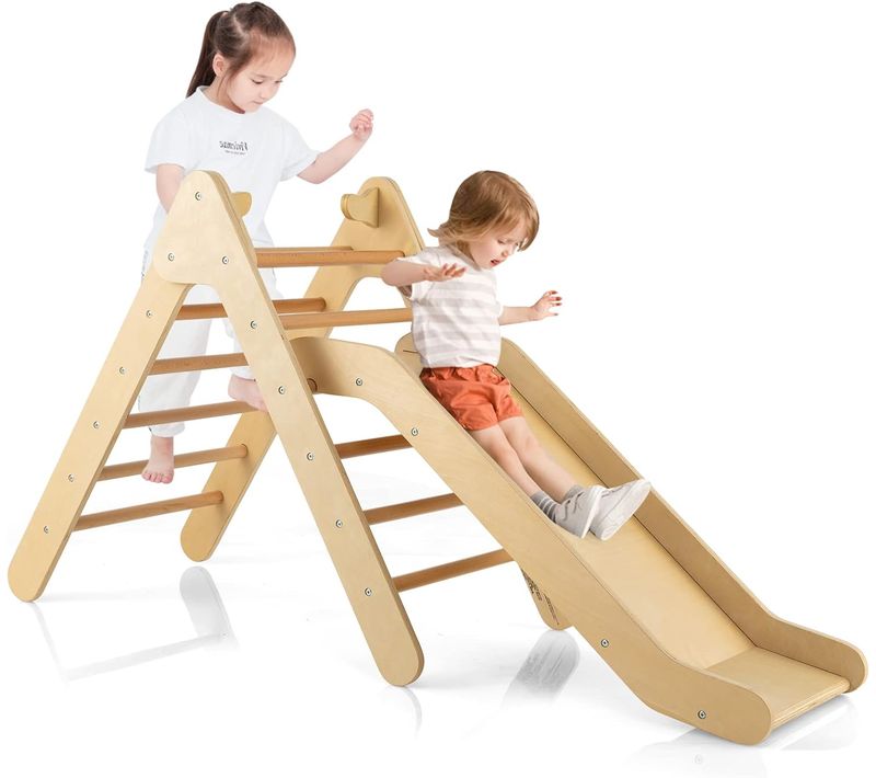 2 En 1 Triangle D'escalade En Bois Avec Toboggan, Charge 60kg Pour Enfants De 1 An+