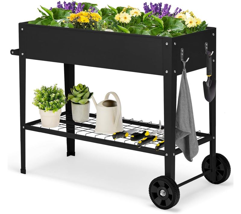 Jardinière Surélevé En Métal Avec Pieds, Lit De Jardin Sur Roulette Avec Étagère De Rangement (noir)