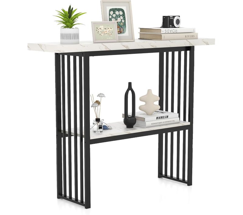 Table Console Marbre à 2 Niveaux Scandinave, Meuble D'entrée Doré Cadre En Métal (noir+blanc)