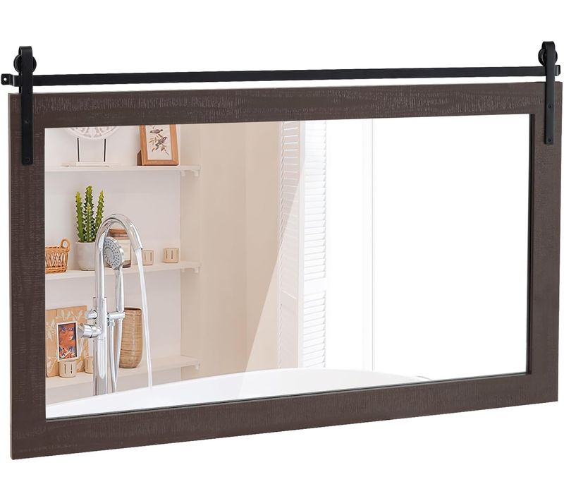 Miroir Mural Rectangulaire 100 X 66 Cm, Cadre En Bois Massif, Support En Métal (noyer)
