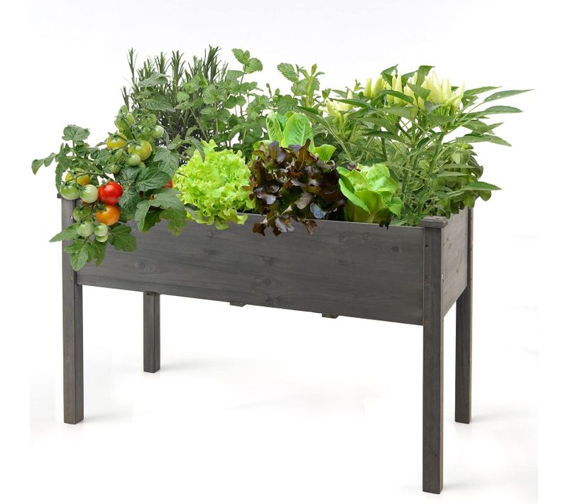 Potager Sur Pieds 123 X 57 X 76cm, Portage Surélevé En Bois Avec Barres De Support Inférieures, Gris