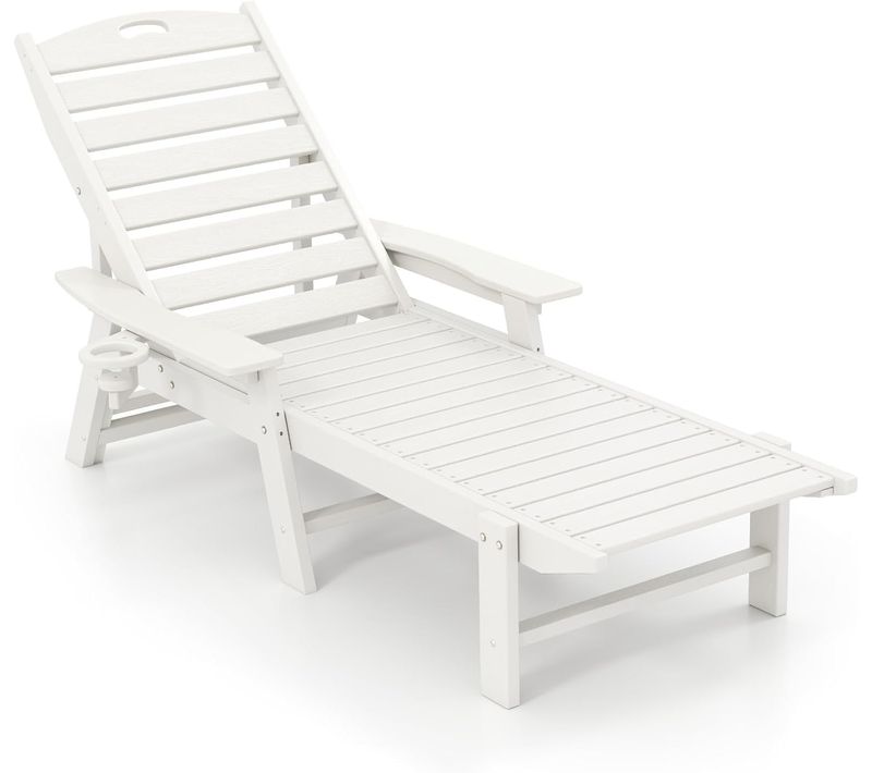 Chaise Longue Jardin Exterieur En Hdpe,197 X 75.5 X 40.5cm, Charge 150 Kg, Blanc