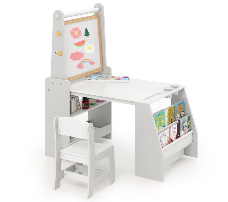 Table Enfant Avec Chaise Et Tableau Noir Et Tableau Blanc Et 2 Étagères Ouvertes(gris)