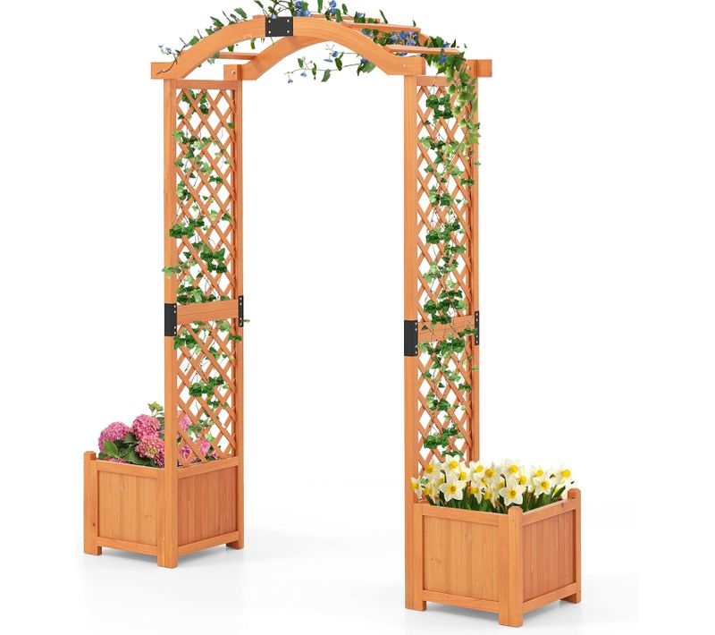 Arche De Jardin En Bois Avec Jardinière Avec Treillis, Pergola Extérieur Pour Plantes(jaune)