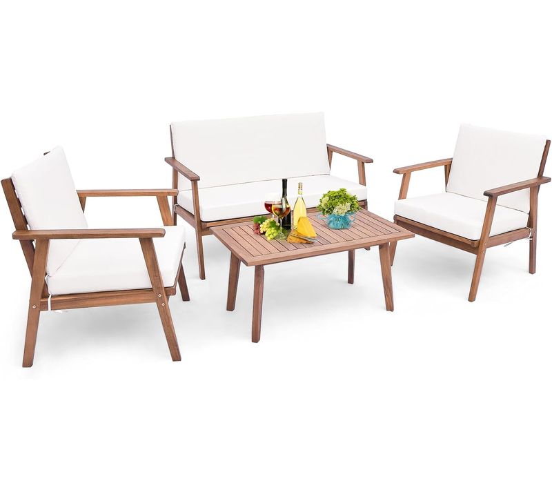 Ensemble De Meubles D'extérieur 4 Pièces En Bois D'acacia, Salon De Jardin Avec Table Basse (blanc)