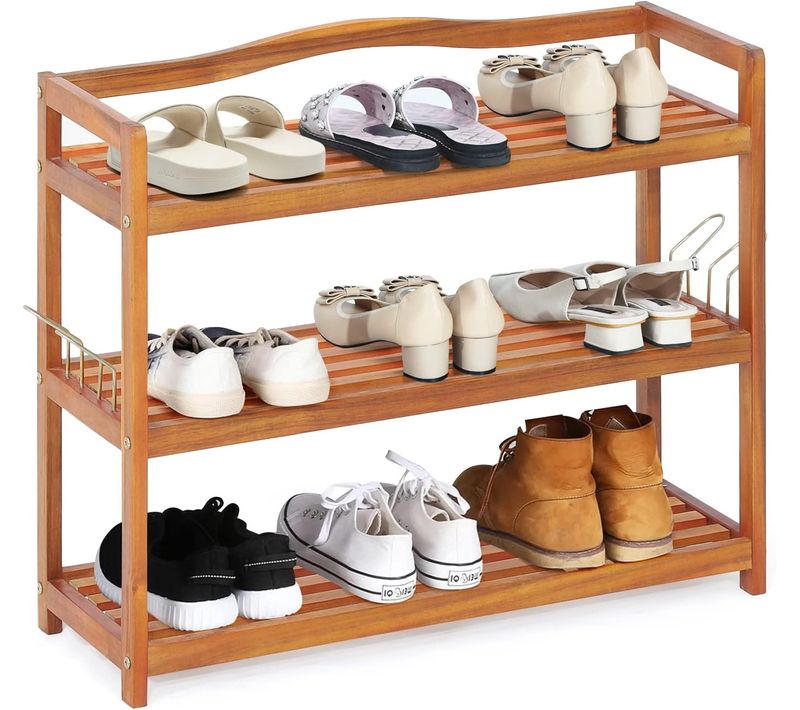 Etagere Chaussure à 3 Niveaux En Bois D’acacia, Crochets Métalliques Latéraux (3 Niveaux)