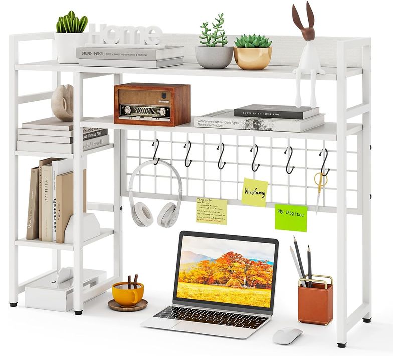 Étagère De Bureau, Étagère à 4 Niveaux Avec Panneau à Grille Métallique Et 6 Crochets (blanc)