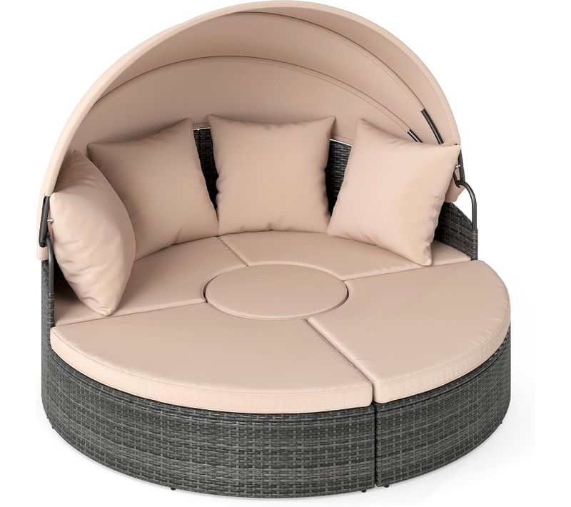 Lit De Jardin Rond En Rotin Pe Avec Auvent Rétractable, Coussins Amovibles Et Table Basse (kaki)