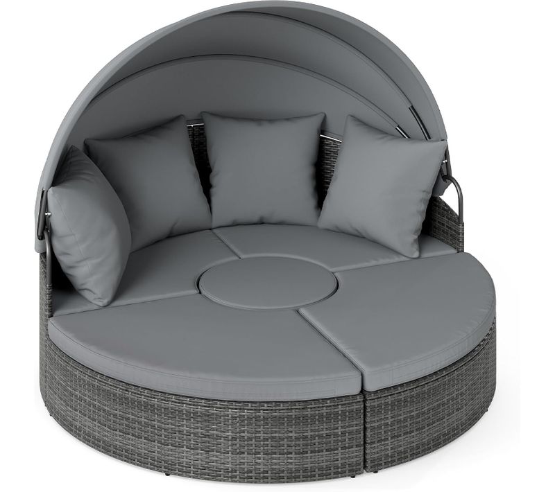 Lit De Jardin Rond En Rotin Pe Avec Auvent Rétractable, Coussins Amovibles Et Table Basse (gris)
