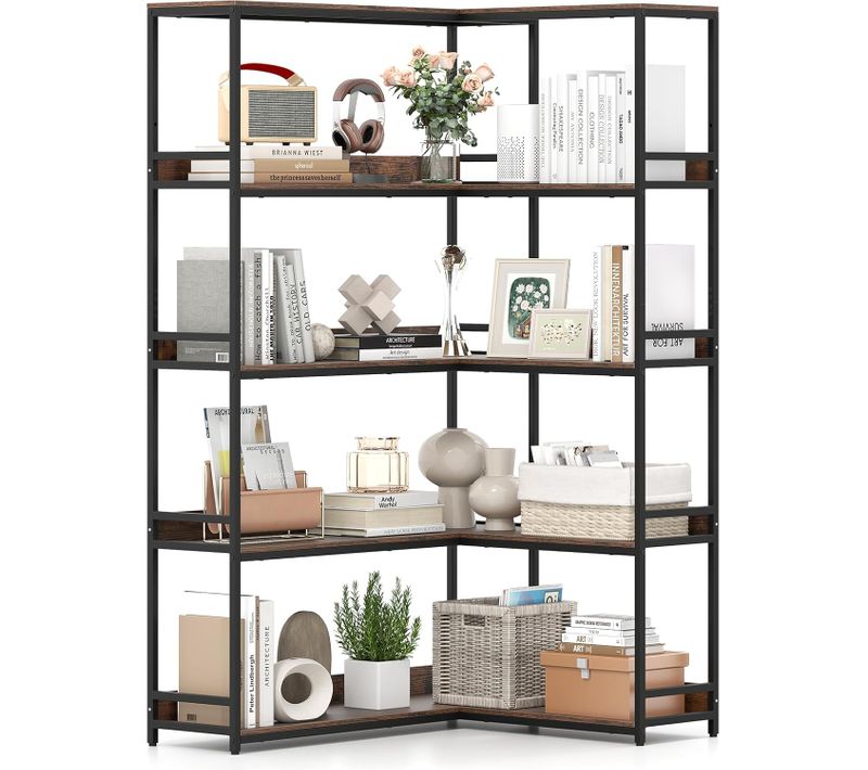 Bibliothèque En L à 5 Niveaux, Bibliothèque D'angle, Étagère 180 Cm, Brun Rustique