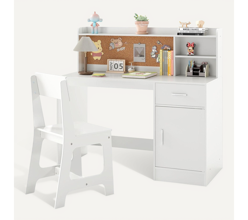 Bureau Enfant Garçon Fille Avec Tableau D'affichage En Liège, Étagère Et Armoire De Rangement
