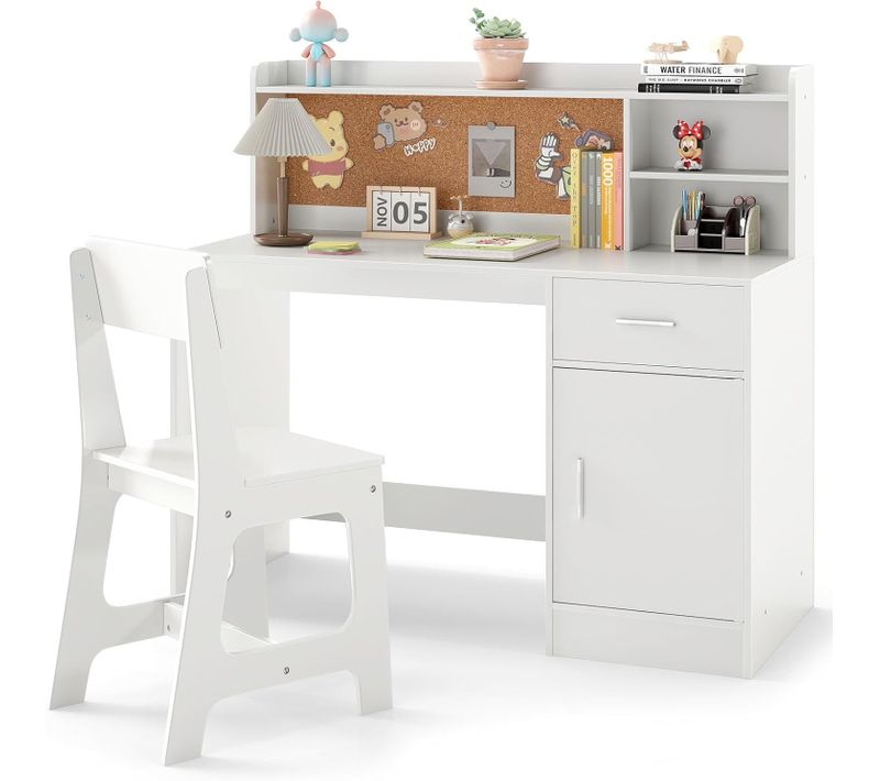 Chaise Ergonomique et Tableau D'affichage En Liège, Table Enfant Avec Étagère et Armoire