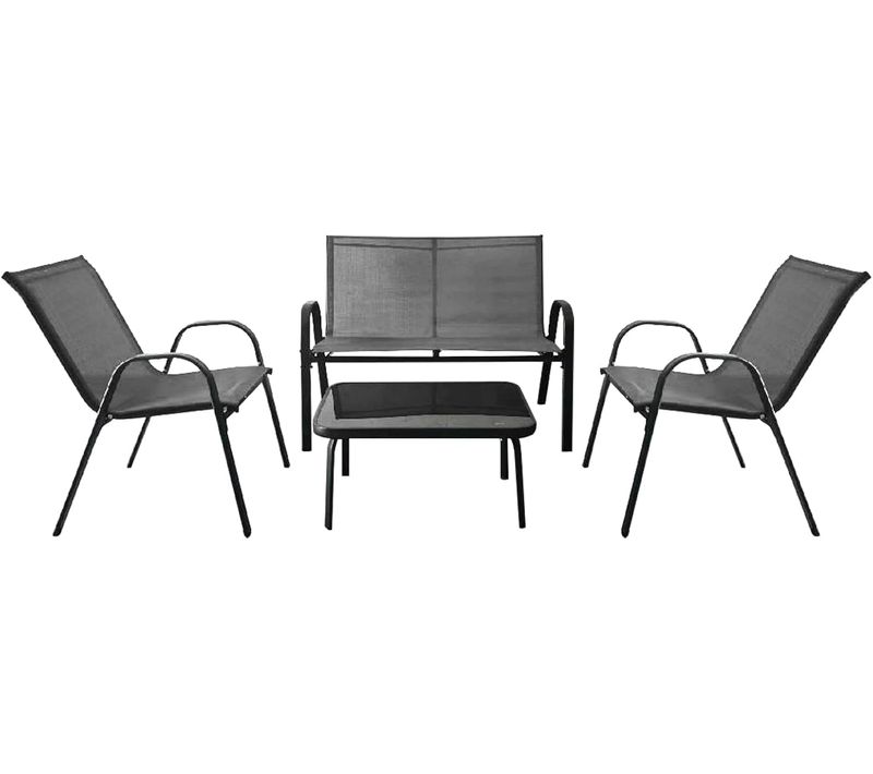 Ensemble Salon De Jardin 4 Pièces En Acier, 2 Fauteuils, 1 Canapé Et 1 Table Basse En Verre, Gris