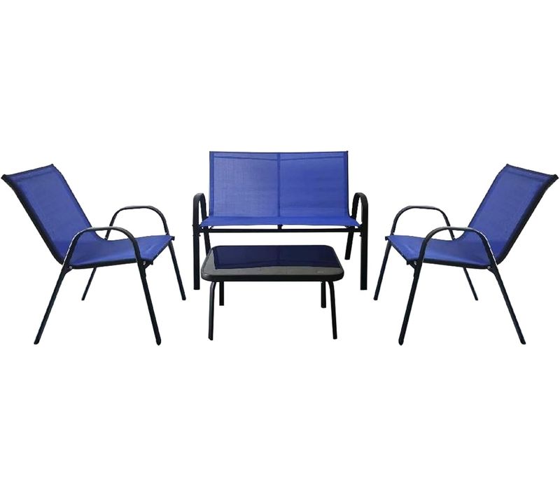 Ensemble Salon De Jardin 4 Pièces En Acier, 2 Fauteuils, 1 Canapé Et 1 Table Basse En Verre (bleu)