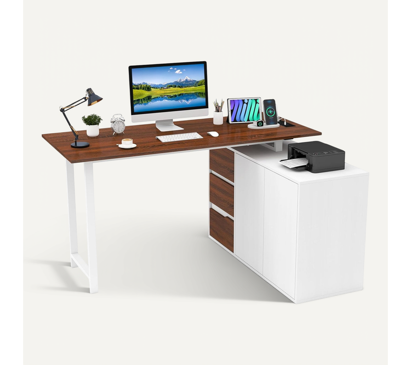 Bureau En Forme De L, Station De Travail Informatique Pour Bureau à Domicile (brun + Blanc)