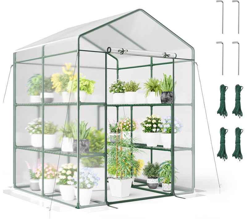 Serre De Jardin Extérieure Couverture En Pvc Avec 8 Étagères, Porte Zippée, 139 X 144 X 195 Cm