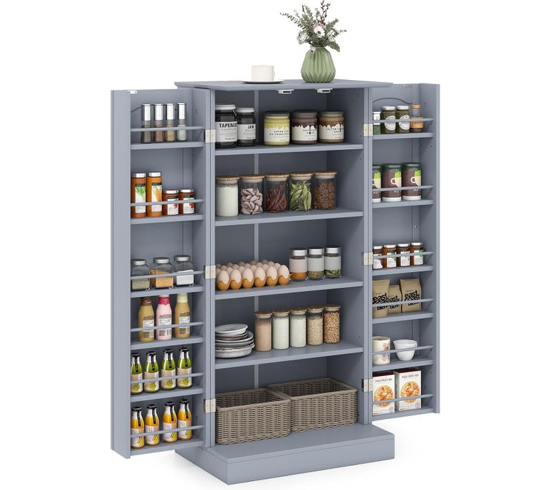 Armoire De Cuisine 2 Portes Avec 16 Étagères, Meuble Cuisine Rangement, Buffet Salon, Vaisselier