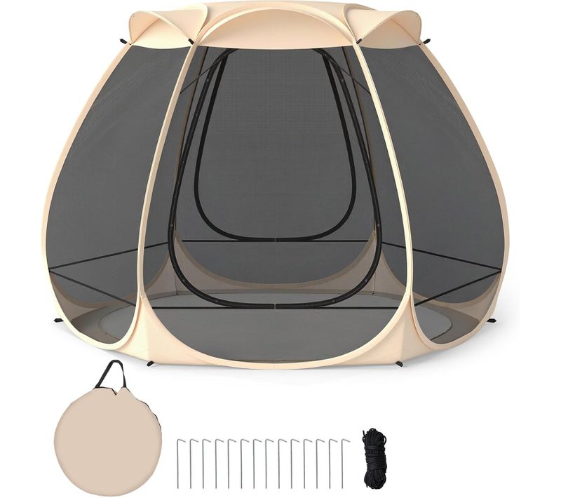 Tente Dôme 4-6 Personnes, Pop-up Portable Avec Moustiquaire, Sac Inclus, 310x270cm，sable