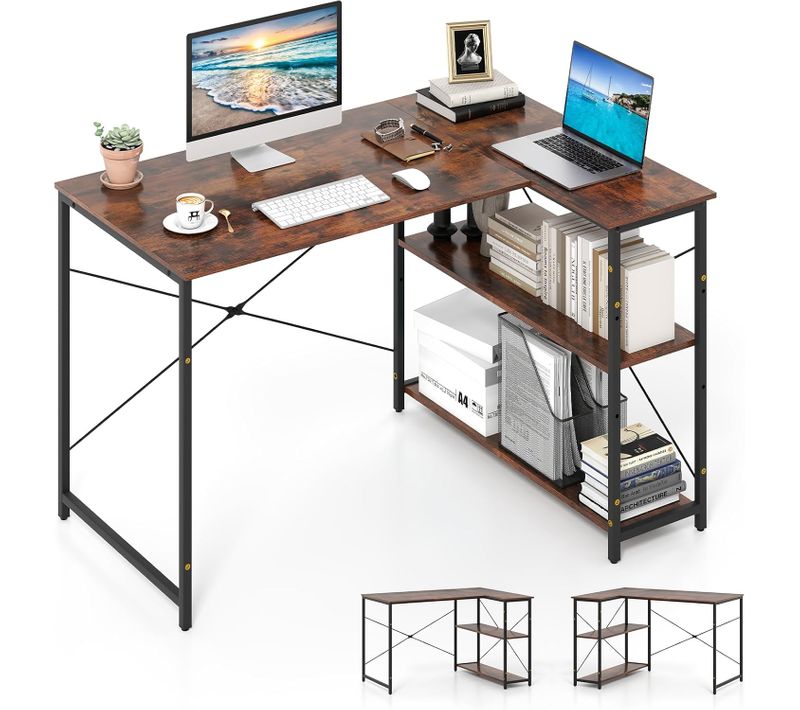 Bureau D'ordinateur En Forme De L, Bureau D'angle Réversible Avec Étagère Réglable (marron Rustique)