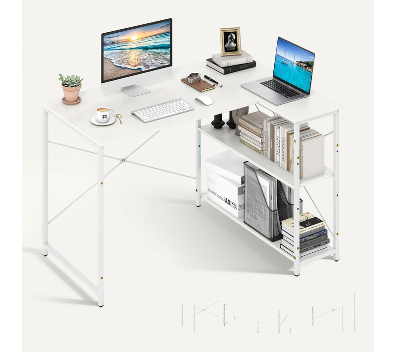 Bureau D'ordinateur En Forme De L, Table D'étude Gain De Place Avec Cadre Métallique Robuste (blanc)