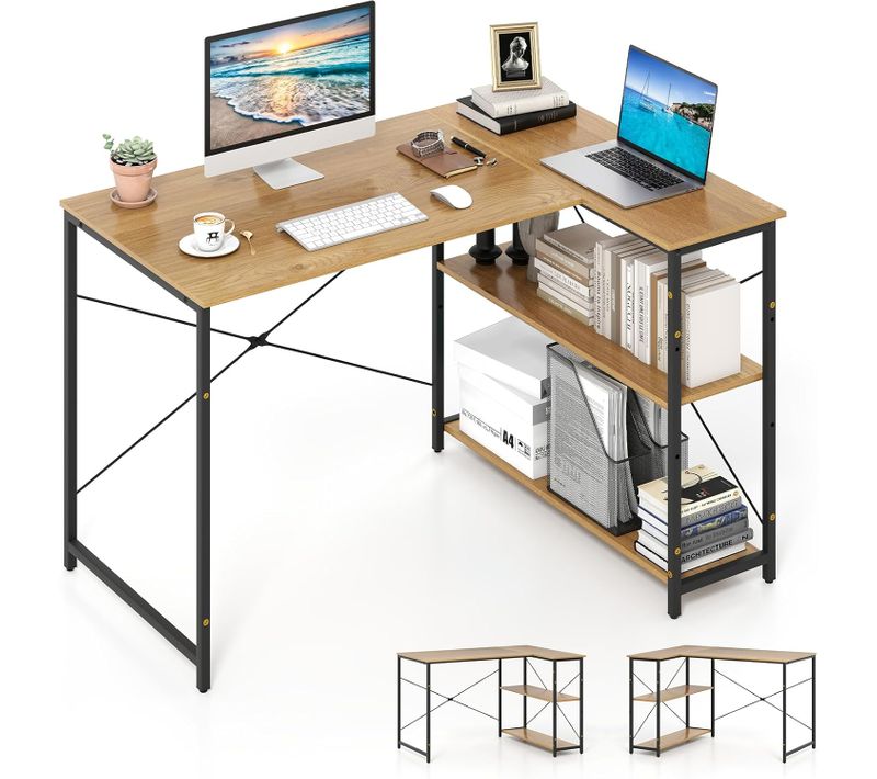 Bureau D'ordinateur En Forme De L, Bureau D'angle Réversible Avec Étagère Réglable (naturel)