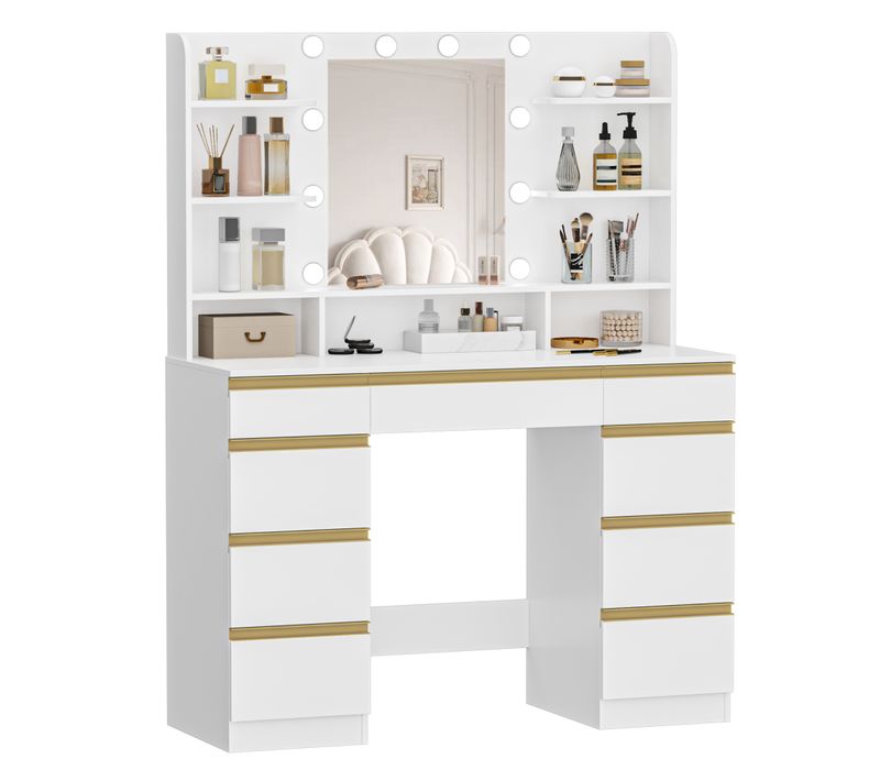Coiffeuse Avec 10 Globes Lumineux LED, Miroir, 9 Tiroirs, 9 Espaces De Rangement, Blanc-or