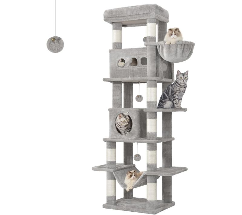 170 Cm Grand Arbre à Chat, Tavec Tapis Lavable, 2 Niches Chats, 8 Griffoirs, Hamac, Gris Clair