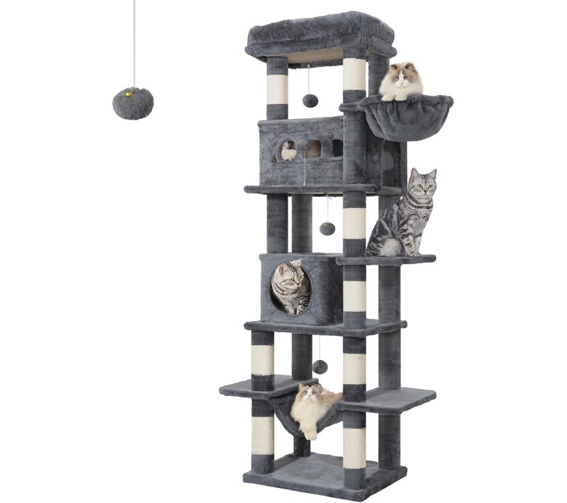 170 Cm Grand Arbre à Chat, Tavec Tapis Lavable, 2 Niches Chats, 8 Griffoirs, Hamac,gris Foncé