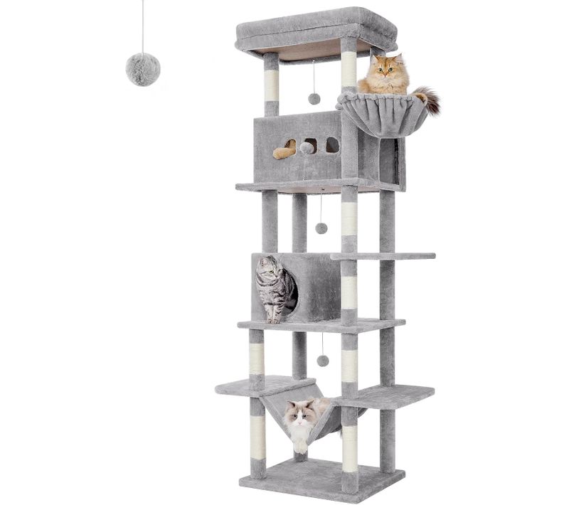 210 Cm Arbre à Chat, Avec Grand Perchoir, Tapis Lavable, 2 Niches Chats, 8 Griffoirs, Gris Clair