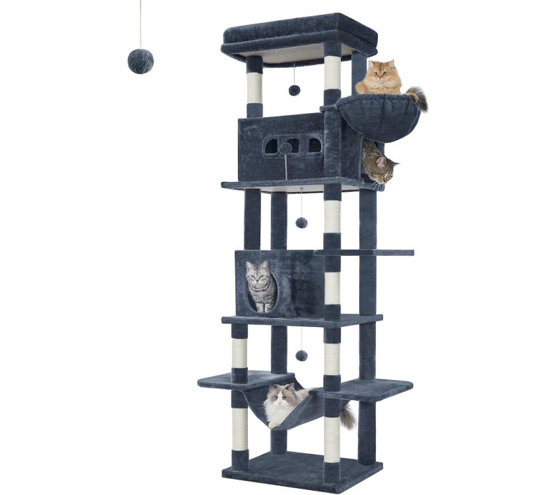 210 Cm Arbre à Chat, Avec Grand Perchoir, Tapis Lavable, 2 Niches Chats, 8 Griffoirs, Gris Foncé