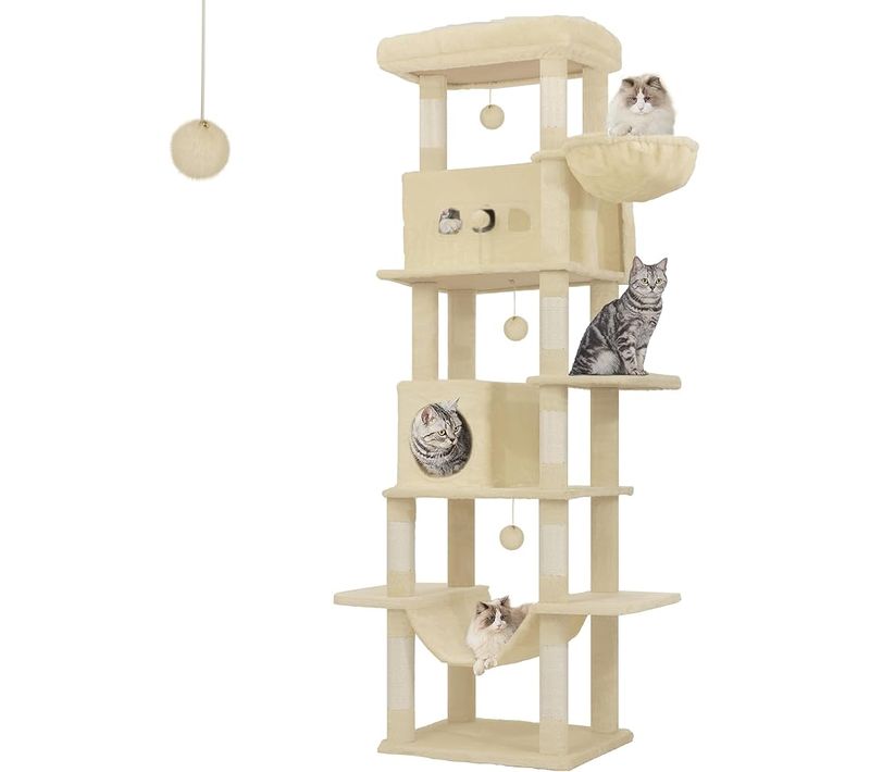 210 Cm Grand Arbre à Chat, Avec Grand Perchoir, Tapis Lavable, 2 Niches Chats, 8 Griffoirs, Beige
