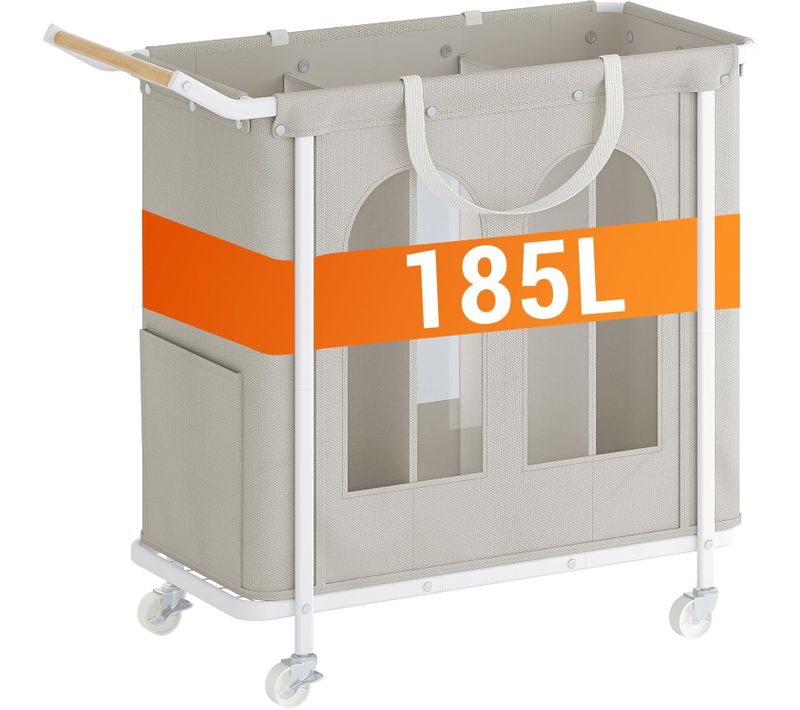 Panier à Linge à 3 Compartiments, Panier à Linge à Roulettes, Chariot à Linge Pour Buanderie, Beige