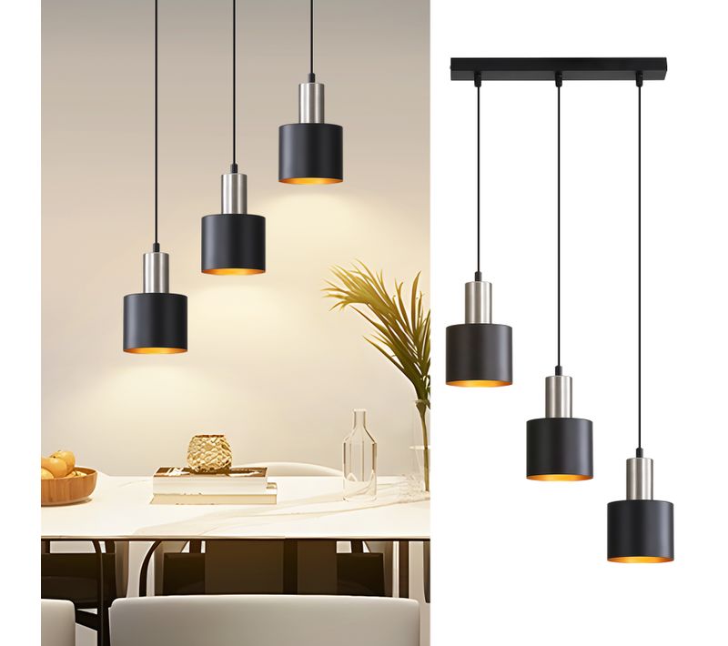 Suspension Vintage Industrielle 3 Lumières Noir Doré Abat-jour Métal  E27 Longueur Réglable