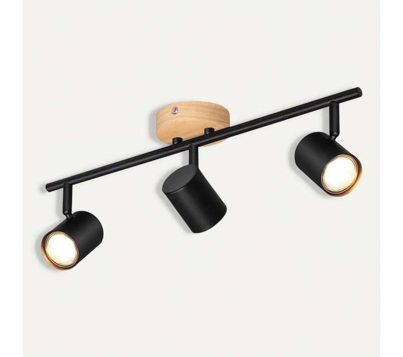 Spot De Plafond Moderne 3 Flammes Gu10 Pour Salon, Noir En Bois Et Métal
