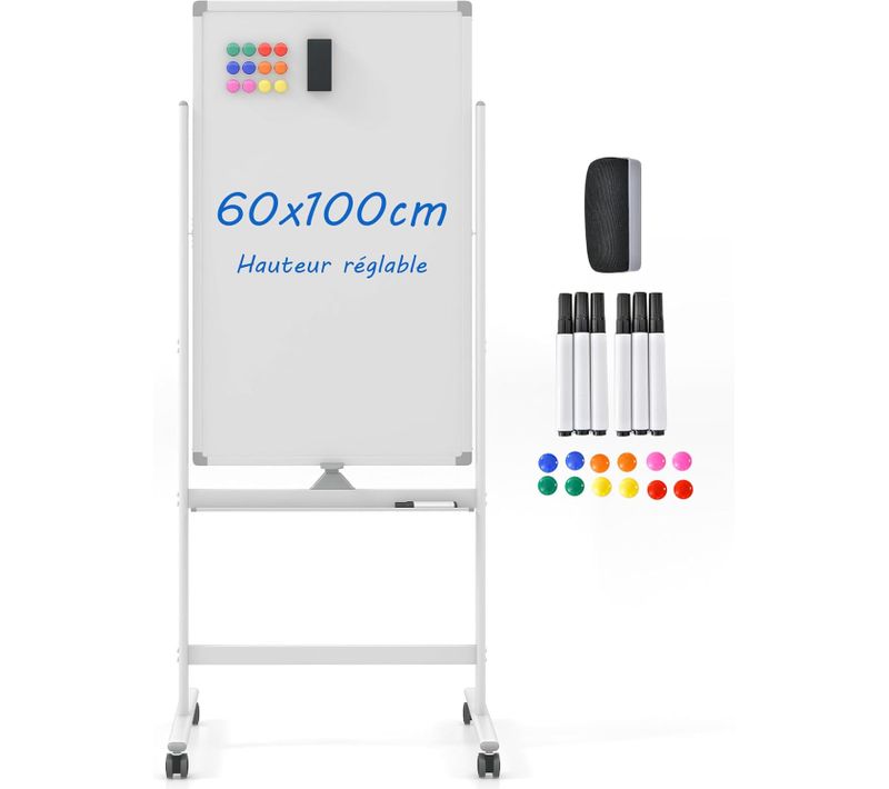 Tableau Blanc Sur Pieds Double Face Pivotante 60x100cm, 4 Roulettes, Pour École (60x100cm, Blanc)
