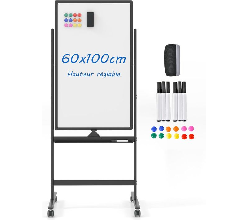 Tableau Blanc Sur Pieds Double Face Pivotante 60x100cm, 4 Roulettes, Pour École (60x100cm, Noir)