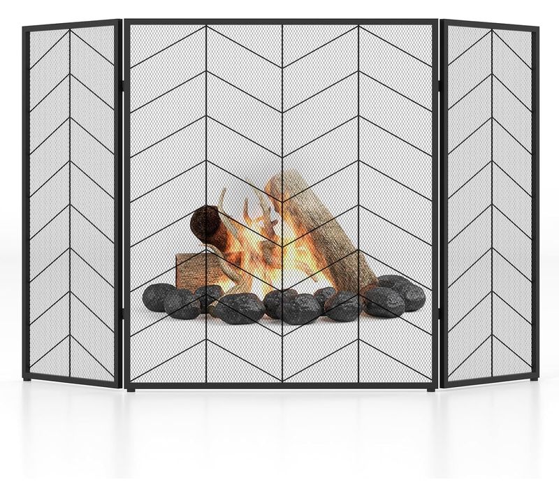 Pare-feu De Cheminée Pliable à 3 Panneaux, Grille De Protection Pour Poêle (motif à Chevrons)